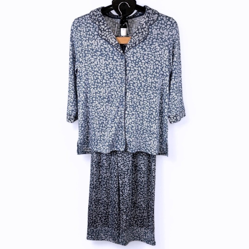 Cuddl Duds Womens Navy Blue Floral  Pajama Set S 3/4 Sleeve Loungewear